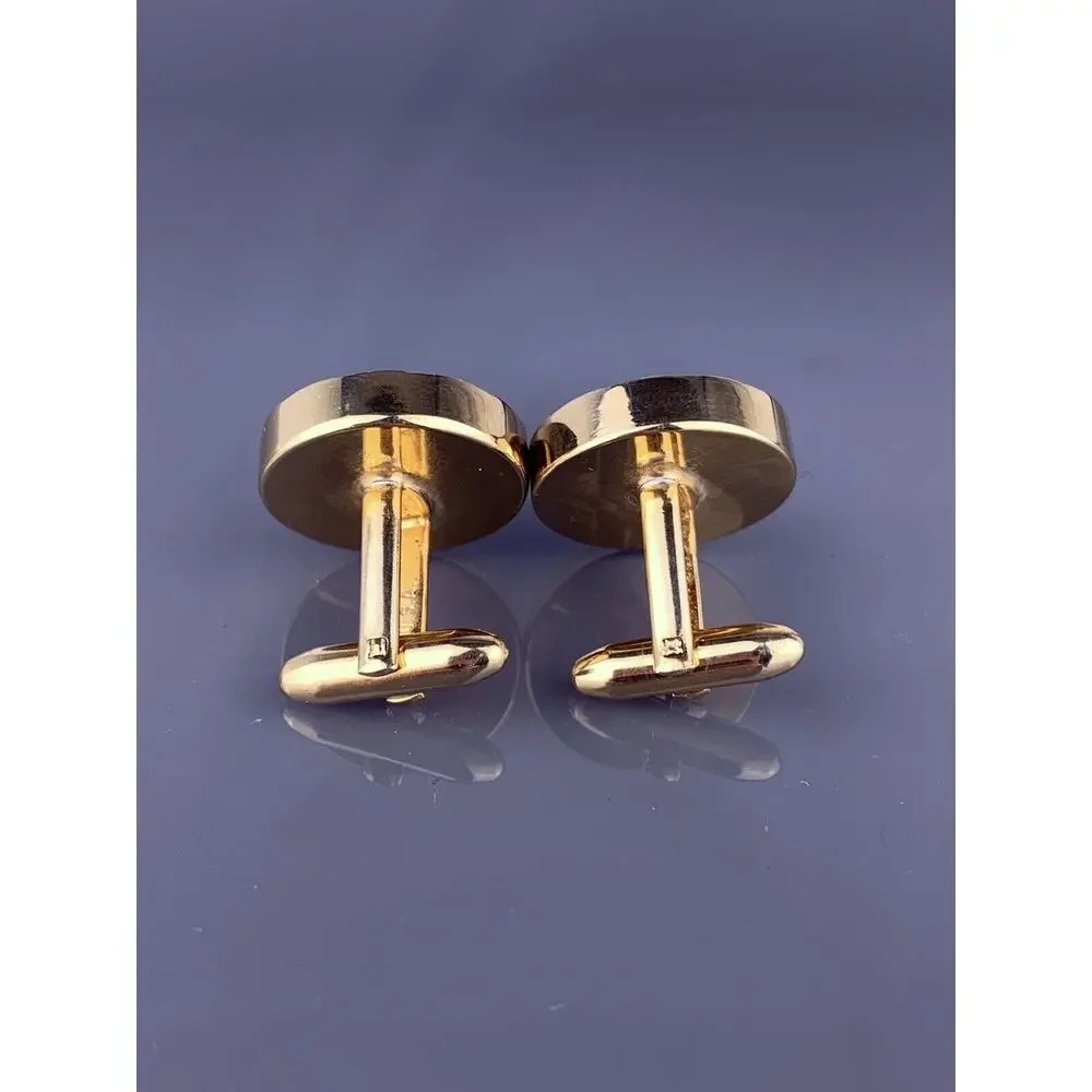 Round Black Obsidian Gold Tone Cufflinks Diamond Cut Edge Hickok Vintage